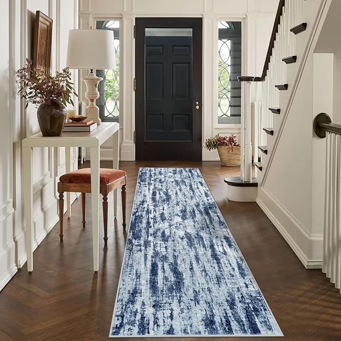 2'6''x8' Runner Rugs Washable Rug: Modern Abstract Living Room Rug Soft Anti-Skid Thin Carpet Indoor Floor Non-Shedding Carpets for Bedroom Dining Room Farmhouse Nursery Home Office Blue Grey