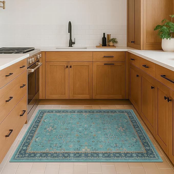 3x4 Teal Rugs for Entryway Indoor - Washable Non Skid Area Rug for Large Kitchen, Bedside, Bathroom, Mudroom, Boho Geometric Floral Design, Non Slip Low Pile Fade Resistant