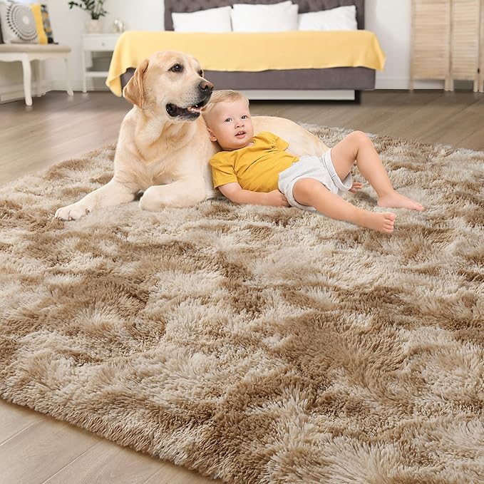 Tepook Soft Fluffy Rugs for Living Room, 5x8 Shaggy Area Rug for Bedroom, Modern Shag Rug Fuzzy Carpets for Kids, Plush Indoor Nursery Home Decor Rug with Non-Slip Bottom, Tie-Dyed Beige