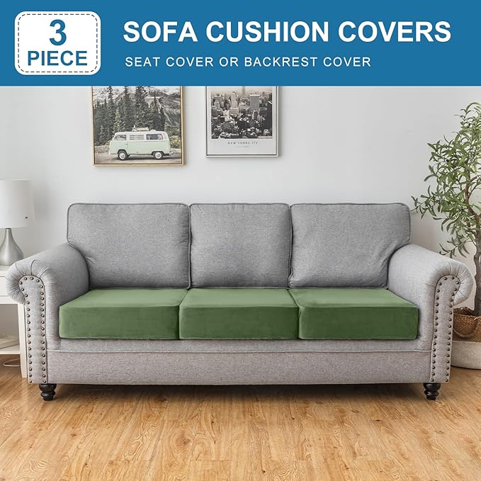 Couch Cover Stretch Velvet Sofa Cushion Cover 3-Piece - Elastic Washable Slipcover for Seat or Backrest, Couch Seat Covers for Sofas (Avocado Green)
