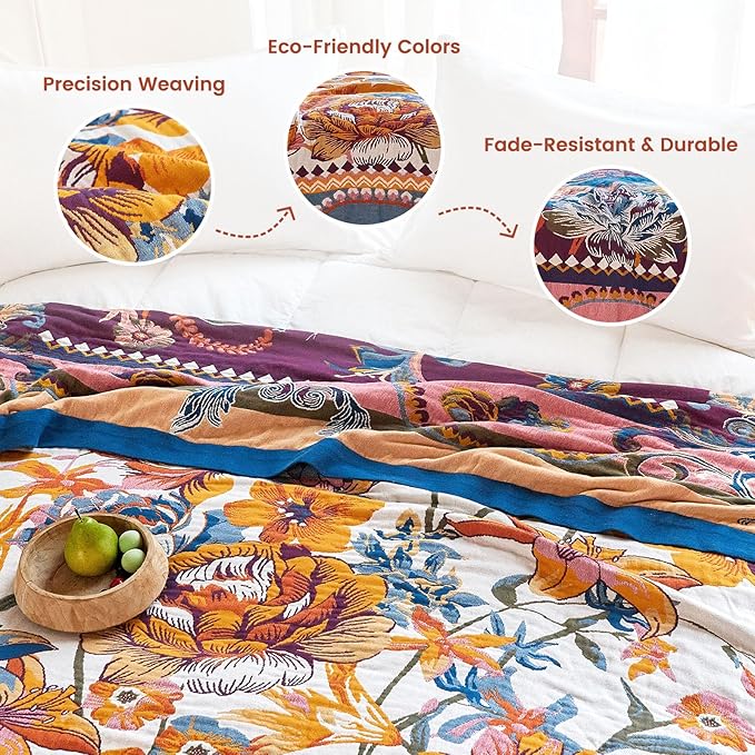 MSGKV Boho Throw Blanket 60"x80" Bed Floral 100% Cotton Blanket Spring Breathable Lightweight Twin Couch Blankets All Seasons Home Decor Muslin
