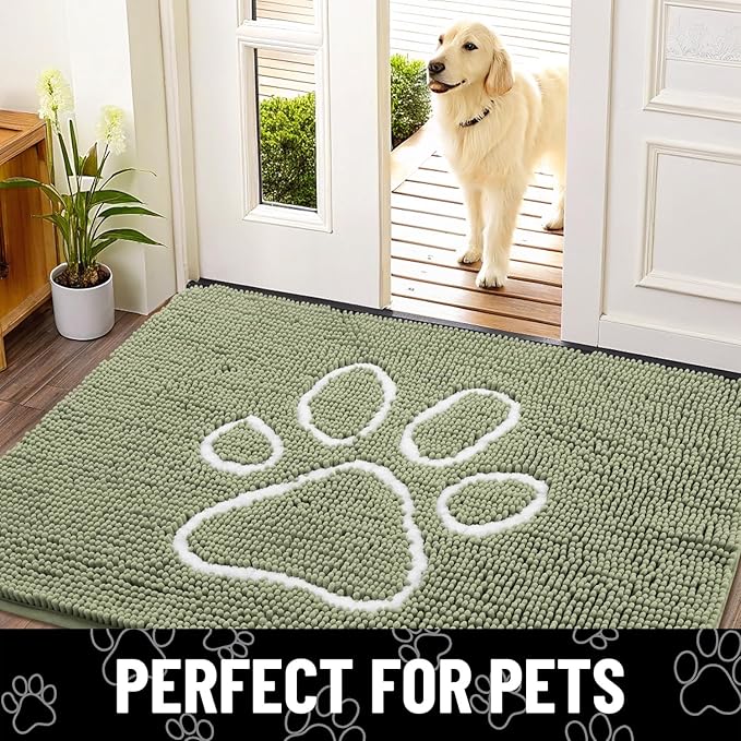Smiry Dog Door Mat for Muddy Paws, Absorbent Dirt Trapper Non Slip Quick Dry Washable Chenille Mat for Mud Dogs, Entry Rug for Indoor and Outdoor (48x30 Inches, Sage Green and White)