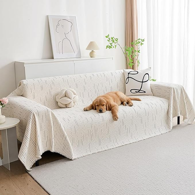 MYSKY HOME Couch Cover for Dogs, Sectional Couch Cover, Beige Lines Sofa Covers for Sectional Sofa L Shape Chenille Couch Protector for Dogs Pets Couch Covers Washable Soft Throw, 71"X134"