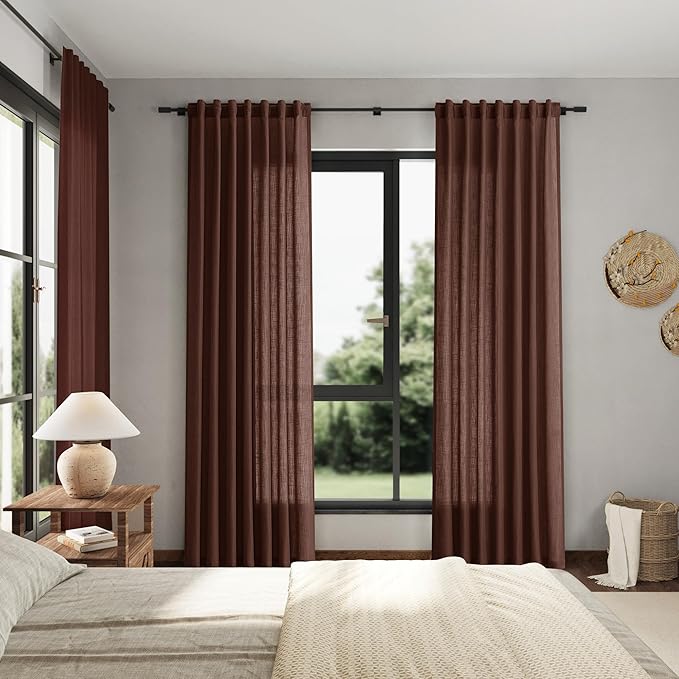 Extra Long Rustic Brown Linen Curtains 120 Inch for Living Room 2 Panels Set Rod Pocket Back Tab Light Filtering Semi Sheer Linen Window Drapes Privacy High Ceiling Drapes for Farmhouse 52x120