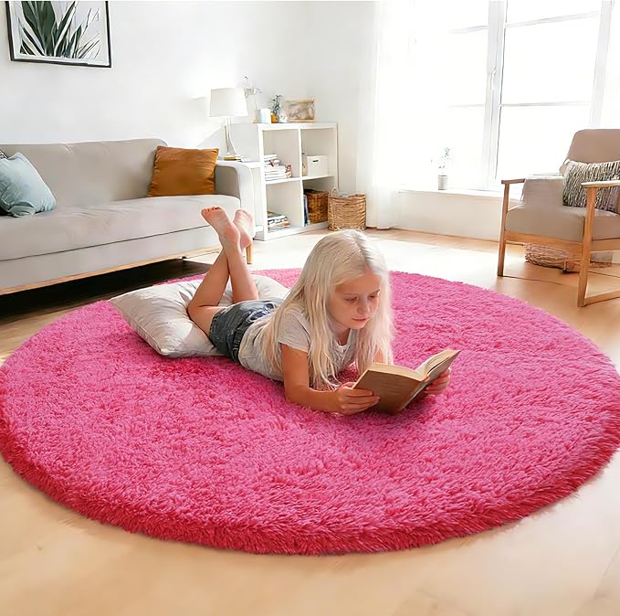 yulidayang Fluffy Round Area Rugs for Bedroom,Hot Pink 5'X5'Shag Circle Area Rugs for Living Room,Non Slip Fuzzy Plush Rug for Kids Room Boys Girls Room and Dorm