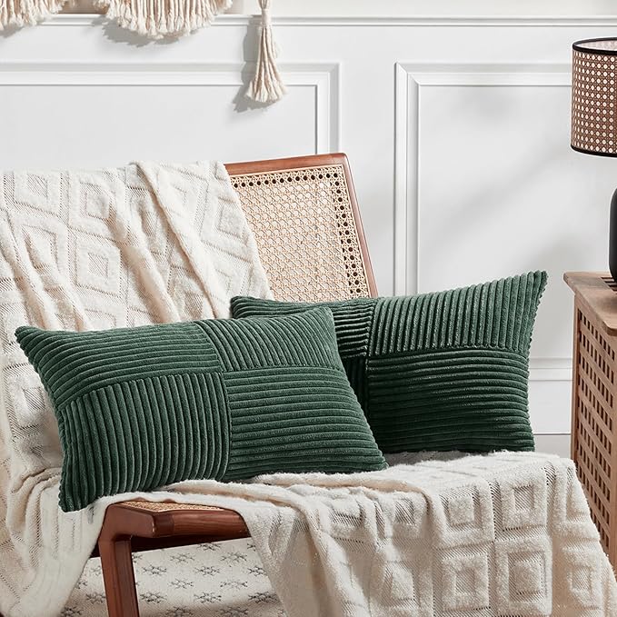 Fancy Homi Set of 2 Dark Green Lumbar Decorative Throw Pillow Covers 16x32 Inch for Living Room Couch Bed, Boho Farmhouse Forest Green Home Decor, Soft Corduroy Corss Patchwork Cushion Case