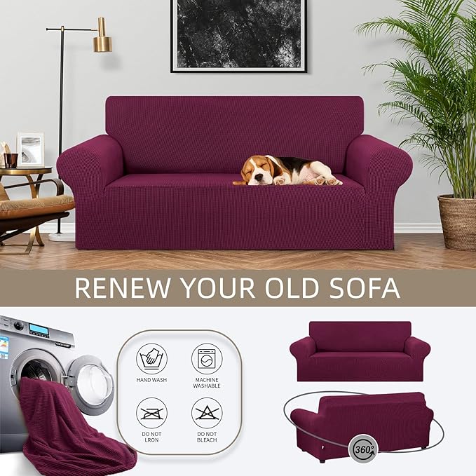 KEKUOU Stretch Loveseat Sofa Cover Slipcover,Couch Covers for 2 Cushion Couch Sofa (55"-78") Furniture Protector Sofa with Elastic Bottom for Kids,Dog. Jacquard Small Checked (Medium,Wine)