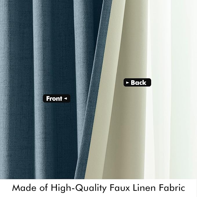 MIULEE 100% Blackout Linen Curtains for Bedroom, Stone Blue Solid Luxury Decor Thermal Insulation Room Darkening Drapes for Living Room Nursery Back Tab Rod Pocket 42 x 90 Inches, 2 Panels