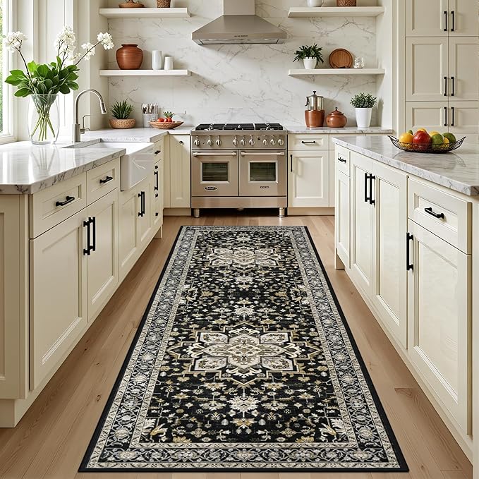 Hallway Runner Rug Non Slip - Washable 2.6x8 Kitchen Rugs for Living Room, Low-Pile Soft Bedroom Rug Indoor Floor Stain Resistant Carpets for Entryway, Laundry, Bathroom Black Gold