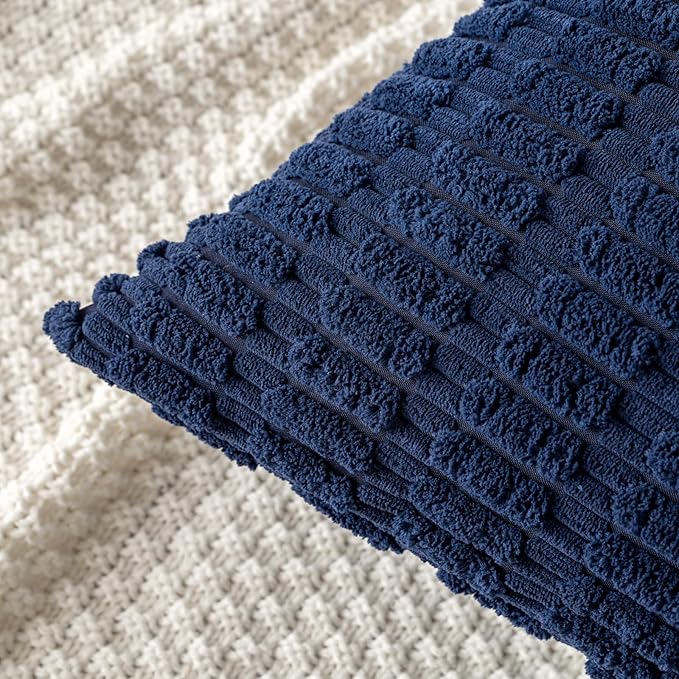 MIULEE Pack of 2 Corduroy Decorative Euro Sham Throw Pillow Covers 24x24 Inch Soft Boho Striped Pillow Covers Modern Farmhouse Home Decor for Summer Coastal Sofa Living Room Couch Bed Dark Blue