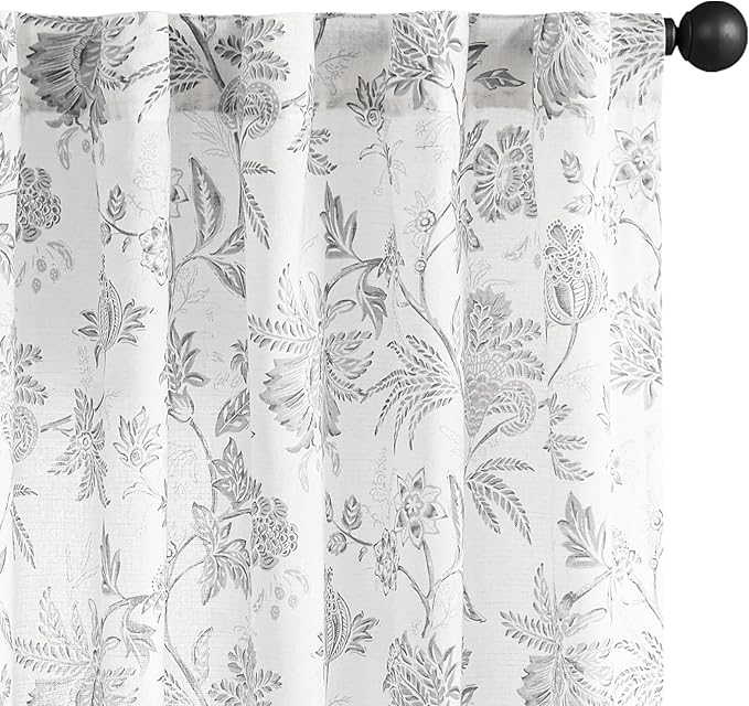 jinchan Linen Floral Curtains for Living Room, 96 Inch Length Curtains with Printed Flower Light Filtering Curtain, Rod Pocket Back Tab Gray Window Curtain Set 2 Panels Light Grey on White