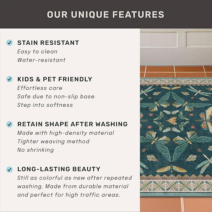 Vintage Teal Area Rugs for Living Room 6x8 - Floral & Butterfly Pattern Dining Rug, Low Pile Soft Bedroom Carpet, Washable Non Skid Rubber Backed, Forest Funky Home Décor