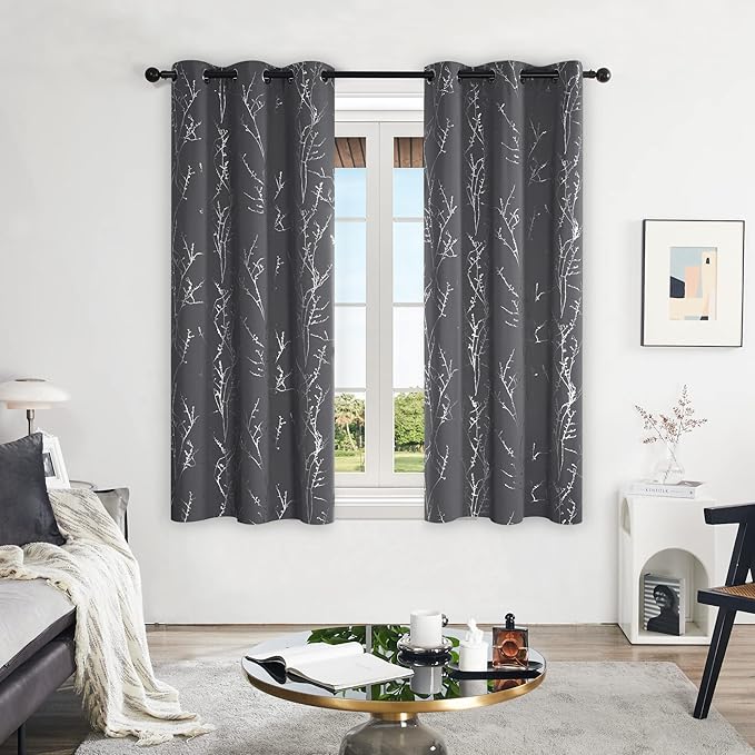 Deconovo Blackout Curtains Grey, Thermal Insulated Soundproof Drapes, Silver Branch Foil Print, 42 x 54 Inch, 2 Panels, Machine‑Washable Privacy Window Panel for Living Room Bedroom Small Windows