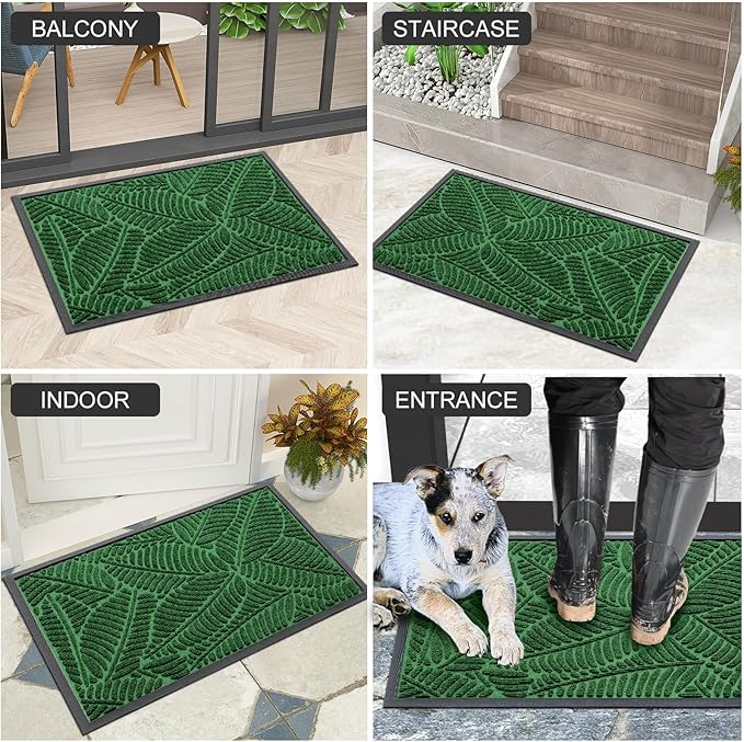 Colorxy Waterproof Doormat, Sturdy Natural Rubber Front Indoor Mat, Non Slip Low Profile Indoor Outdoor Door Mats, Stain and Fade Resistant Floor Mat, Easy Clean Patio Entrance Mat, 30''x17'', Green