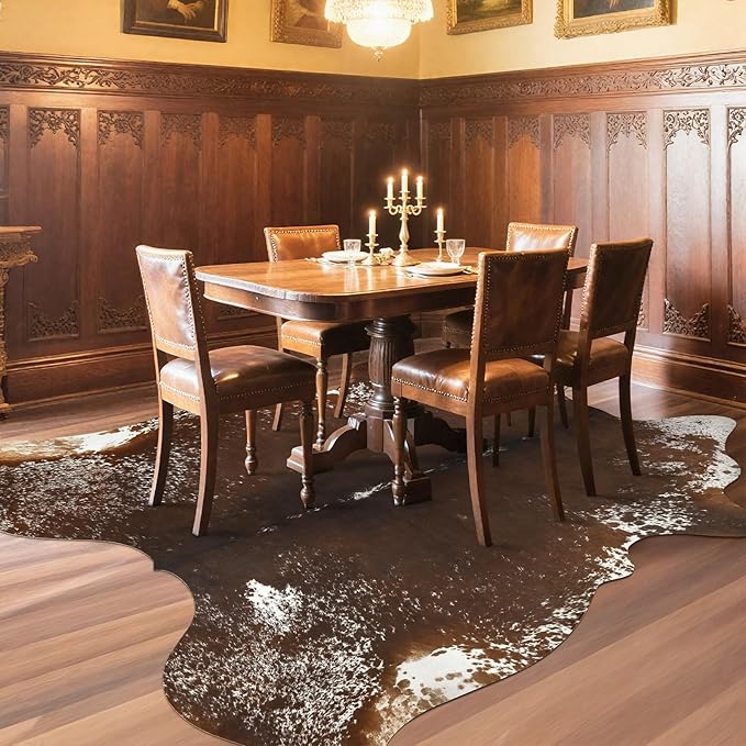 AROGAN Western Decor Faux Fur Cowhide Rug, 5.2x6.3 Feet Premium Animal Skin Cow Hide Rug, Sturdy Cow Print Rugs for Wall Decor, Western Floor Carpet for Bedroom Living Room, Spotted Brown