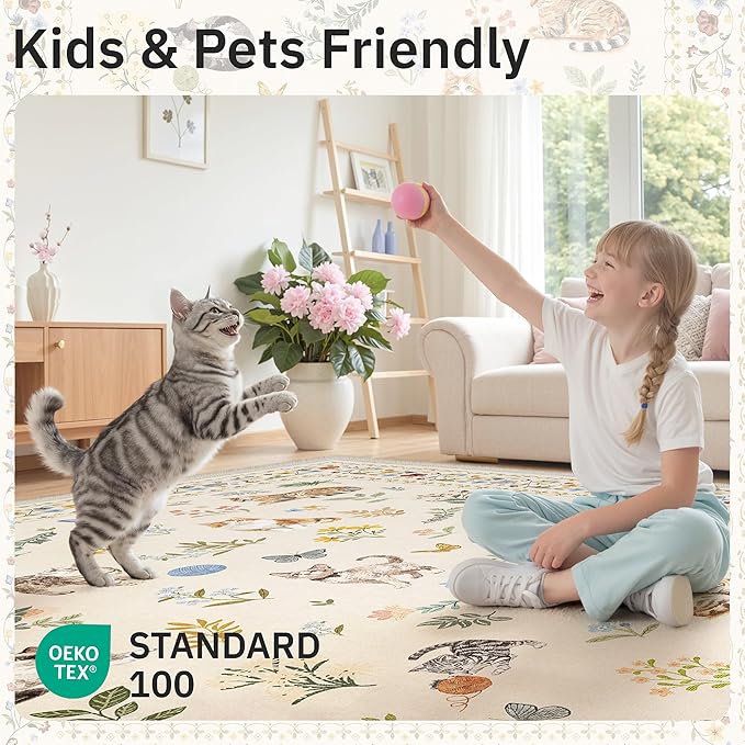 Cat 4x6 Area Rugs, Machine Washable Animal Floral Accent Rug Non-Slip Low Pile Soft Throw Rugs for Entryway Kitchen Bedside Living Room Bedroom Nursery Playroom (4 x 6,Beige)
