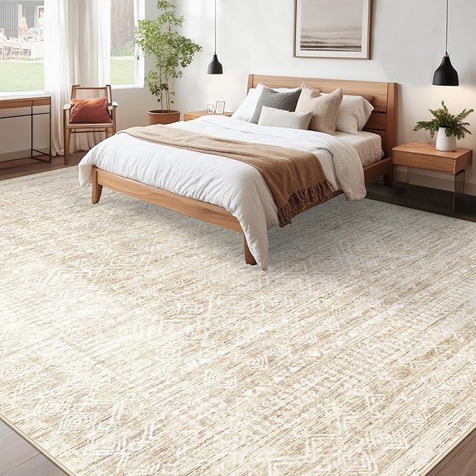 Living Room Rugs 9x12: Washable Moroccan Geometric Boho Rug Farmhouse Non Slip Stain Resistant Large Rug Low Pile Soft Carpet for Bedroom Dining Room Children Room (Beige,9'x12')