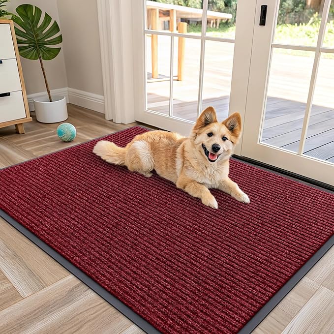 OLANLY Front Door Mat Indoor Outdoor Entrance, Waterproof Heavy Duty Doormat, Fade Resistant, Low Profile, Easy Clean Patio Porch Welcome Floor Mats for Entry, 47x34, Wine Red