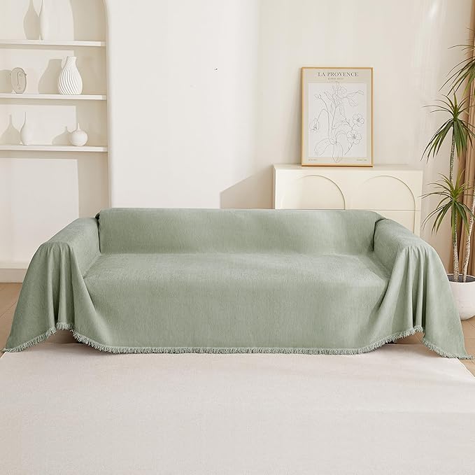 MYSKY HOME Sectional Couch Cover Blanket Living Room Furniture Protector for Pets, Farmhouse Home Decor Sofa Covers Tassel Chenielle Sofa Slipcover Soft Throw Couch for Dogs, 71" X 150", Sage Green