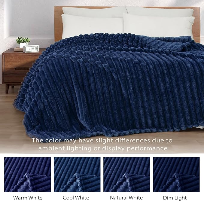 Exclusivo Mezcla Twin Size Flannel Fleece Blanket, Super Soft Striped Jacquard Bed Blanket, Lightweight Fuzzy Cozy for All Seasons, 60x80 Inches, Navy Blue