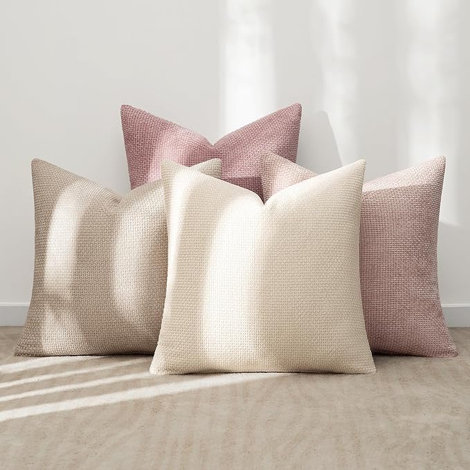 MIULEE Pack of 4 Valentines Couch Throw Pillow Covers 18x18 Inch Neutral Pink Cute Decorative Chenille Pillows Farmhouse Boho Accent Cushion Covers for Coquette Room Spring Decor Sofa Bed Living Room