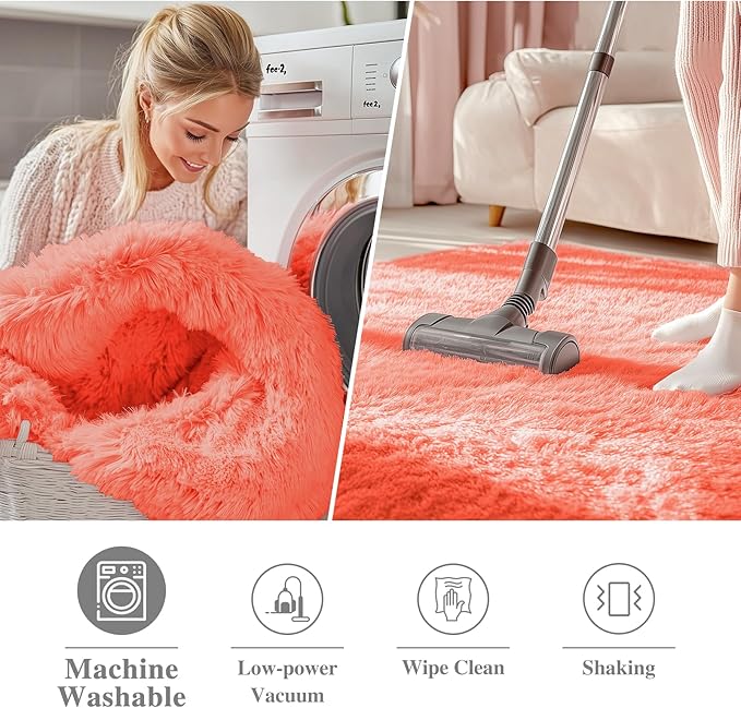 OLANLY Coral Red Round Rugs for Bedroom - Machine Washable, 2 ft Circle Area Rugs for Living Room, Soft and Fluffy Shaggy Carpet for Teen Girl and Boys, Nursery Rooms, Dorms, Home Decor Aesthetic
