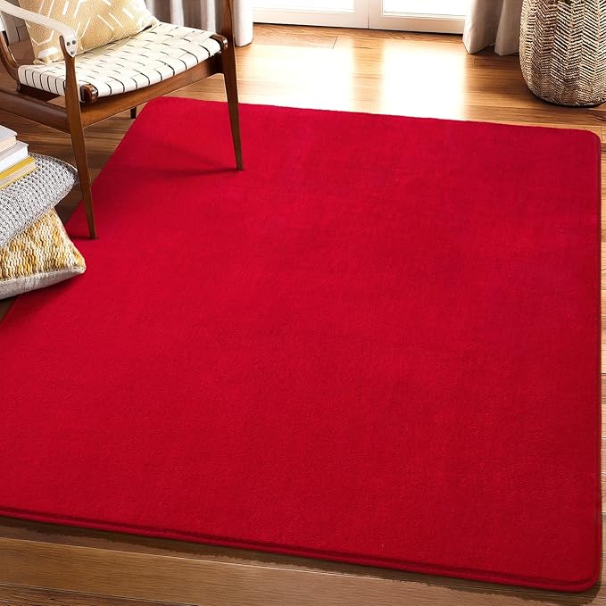 Amearea 5x5 Square Area Rugs for Bedroom Living Room, Modern Red Thickened Memory Foam Rug, Fluffy Indoor Washable Rugs Non Slip Minimalist Carpet for Kids Boys Girls Dorm Nursery Room Decor
