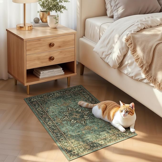 Lofus 2x3 Washable Rug for Entryway Bathroom, Non Slip Kitchen Mats for Floor, Vintage Soft Door Mat Indoor Entrance, Small Area Rugs, Farmhouse Carpet for Entry Living Room Bedroom, Green