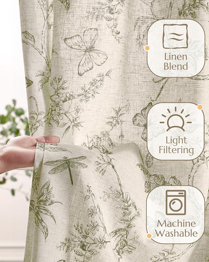 jinchan Floral Linen Curtains for Living Room 84 Inch Length Butterfly Curtain Sage Green Floral Curtains French Country Farmhouse Curtain Flower Patterned Drapes Window Treatment Set 2 Panels