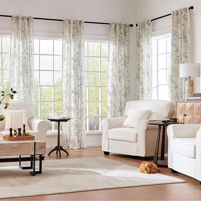 jinchan Linen Floral Curtains 84 Inch Length for Living Room Bedroom Light Filtering Farmhouse Peony Flower Drapes Rustic Window Curtain Set Rod Pocket Back Tab 2 Panels Blue