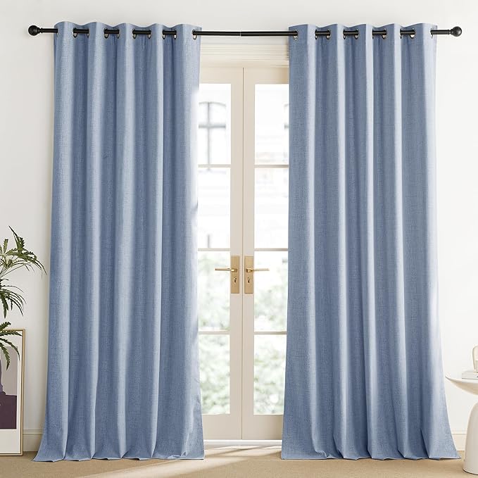 NICETOWN Stone Blue Vintage Linen 100% Blackout Curtains for Living Room, Thermal Insulated Curtains 84" Long, Noise Reducing Window Treatment Drapes for Dining Room, 62" Wide Per Panel, Set of 2