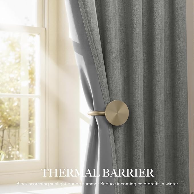 RYB HOME 100% Blackout Linen Textured Curtains 108 inches Long, Thermal Insulating Privacy Energy Saving for Bedroom Living Room Window Office Theater Baby Nursery, W 52 x L 108 in, Grey, 2 Panels