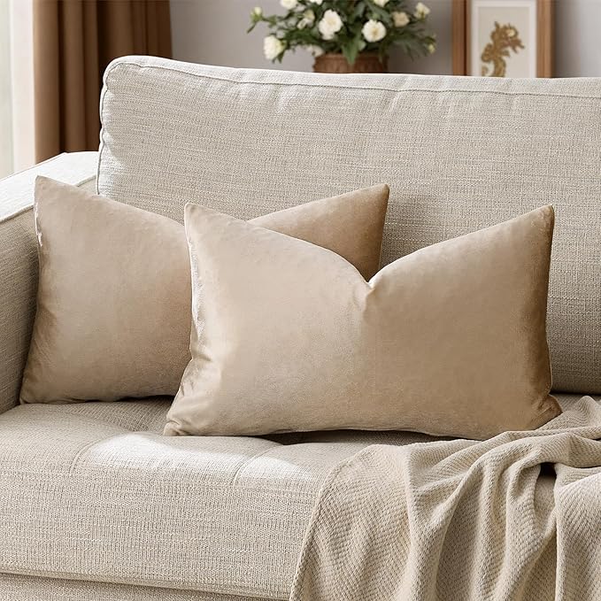 GIGIZAZA Velvet Taupe Decorative Throw Pillow Covers Couch Pillow Lumbar Cushion Cover 12x20 Pack of 2