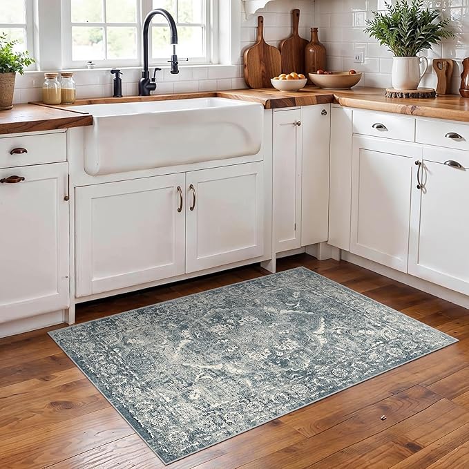 2x3 Entryway Area Rug Washable - Neutral Small Entry Rug Kitchen Rug Runner Vintage Soft Floor Mat Non Slip Indoor Farmhouse Carpet for Bedroom Bathroom Living Room (Blue)
