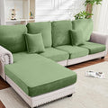 Couch Cover 8-Piece Elastic Velvet Couch Cushion Covers & Chaise Slipcovers for L-Shaped Sofas, Sofa Seat Covers Washable, Soft Cover for Couches (7 Seater + Chaise, Avocado Green)