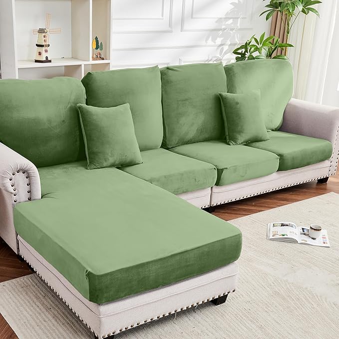 Couch Cover 8-Piece Elastic Velvet Couch Cushion Covers & Chaise Slipcovers for L-Shaped Sofas, Sofa Seat Covers Washable, Soft Cover for Couches (7 Seater + Chaise, Avocado Green)
