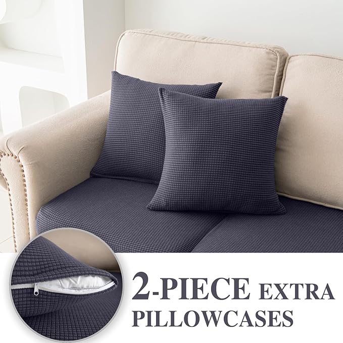 Couch Cushion Covers for Sectional Sofa L Shape Washable Separate Seat Chaise Couch Cover Stretch Sofa Slipcovers with 2 Pcs Pillowcases(3 Seater + 1 Chaise, Dark Grey)