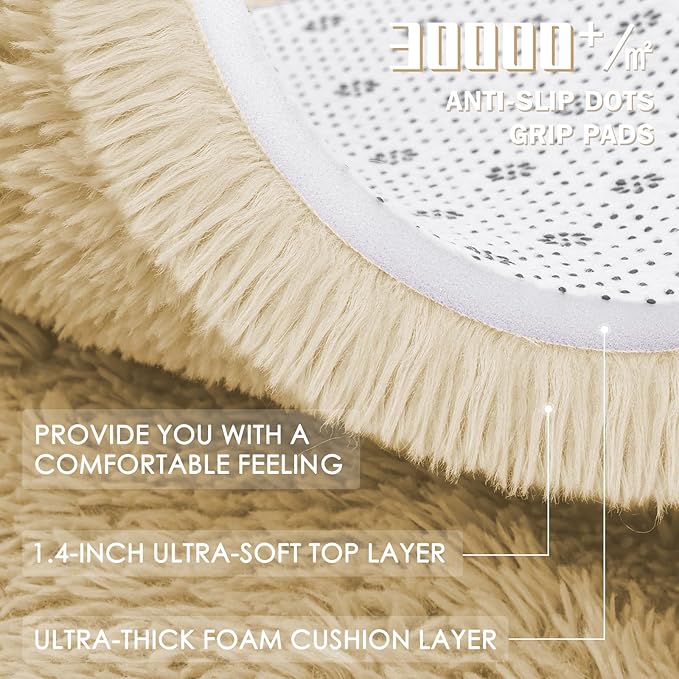 OLANLY Cream Round Rugs for Bedroom - Machine Washable, 8 ft Circle Area Rugs for Living Room, Soft and Fluffy Shaggy Carpet for Teen Girl and Boys, Nursery Rooms, Dorms, Home Decor Aesthetic
