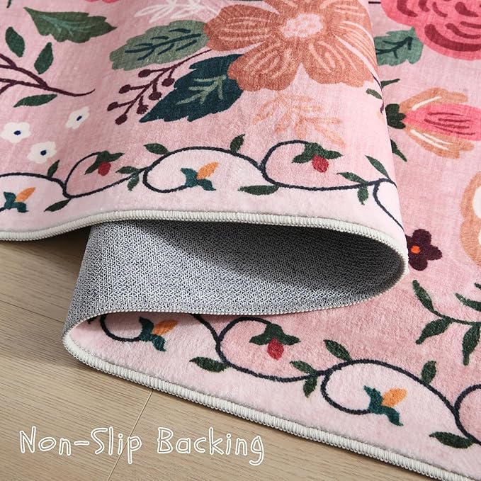 Rugcomf Door Mat Indoor Entrance 2x3 Rug Machine Washable Boho Floral Small Area Rug Non-Slip Low Pile Throw Rugs for Entryway, Kitchen, Front Door Indoor Entrance, Entry, Kids Room (Pink)