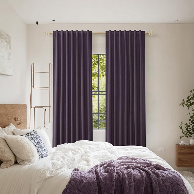 Plum 100% Blackout Linen Curtains 90 Inch Length 2 Panels Set for Living Room Bedroom Back Tab Thermal Insulated Black Out Drapes Room Darkening Farmhouse Style for Bedroom Window Curtains 52x90