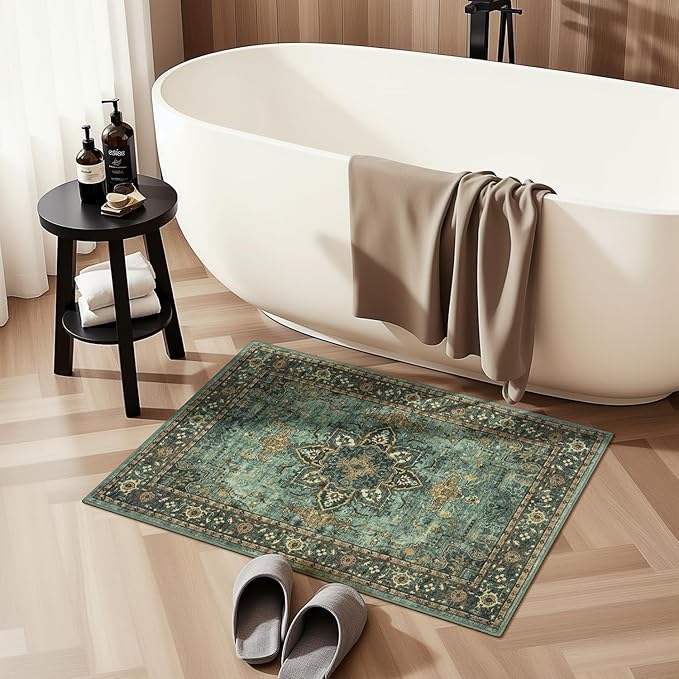 Lofus 2x3 Washable Rug for Entryway Bathroom, Non Slip Kitchen Mats for Floor, Vintage Soft Door Mat Indoor Entrance, Small Area Rugs, Farmhouse Carpet for Entry Living Room Bedroom, Green