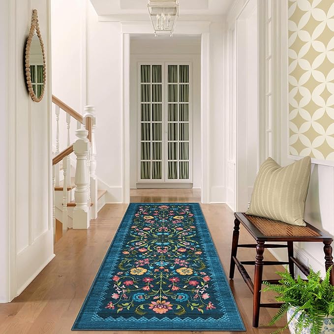 GarveeHome Floral Rug 2.5x8 Runners for Hallways, Boho Kitchen Runner Rugs Non Slip Bath Runners, Vintage Washable Runner Rug for Bedroom, Soft Long Rugs for Entryway Bathroom Laundry Dorm, Blue