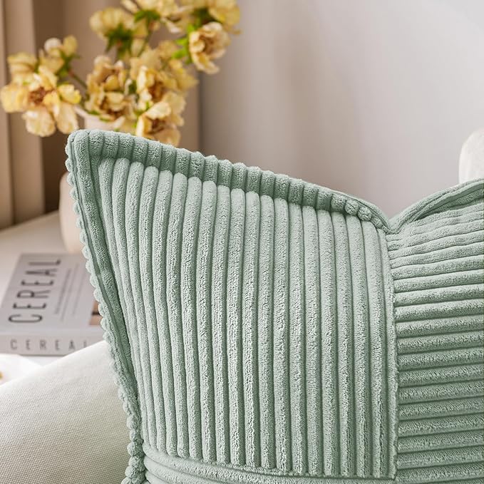 MIULEE Spring Decorative Throw Pillow Covers for Couch Bed Livingroom 18x18 Inch Set of 2 Greyish Green Boho Accent Throw Pllows Broadside Striped Patchwork Soft Corduroy Summer Pillowcases