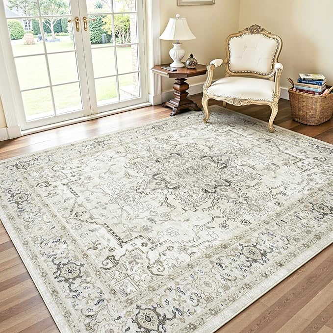 Lofus 5x7 Area Rugs for Living Room, Washable Area Rug, Rugs for Bedroom, Kitchen, Vintage Boho Carpet, Soft Non-Slip, Low Pile Large Area Rug for Office Dining Room, Beige and Brown
