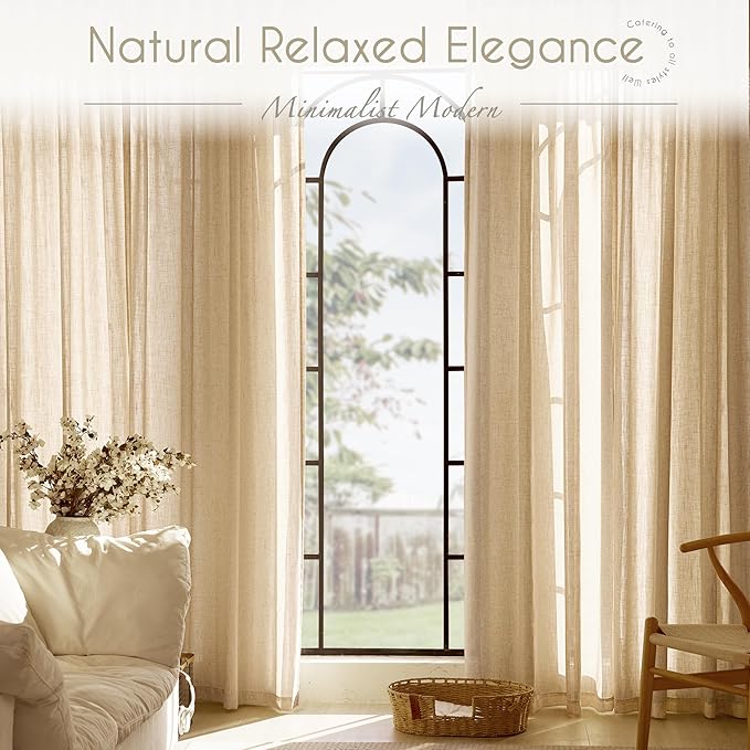 Tan Linen Curtains 96 inches Long for Living Room Back Tab Rustic Farmhouse Semi Sheer Light Filtering Window Curtain Dining Room Soft Thick Flax Linen Textured Drapes Kahki 52x96