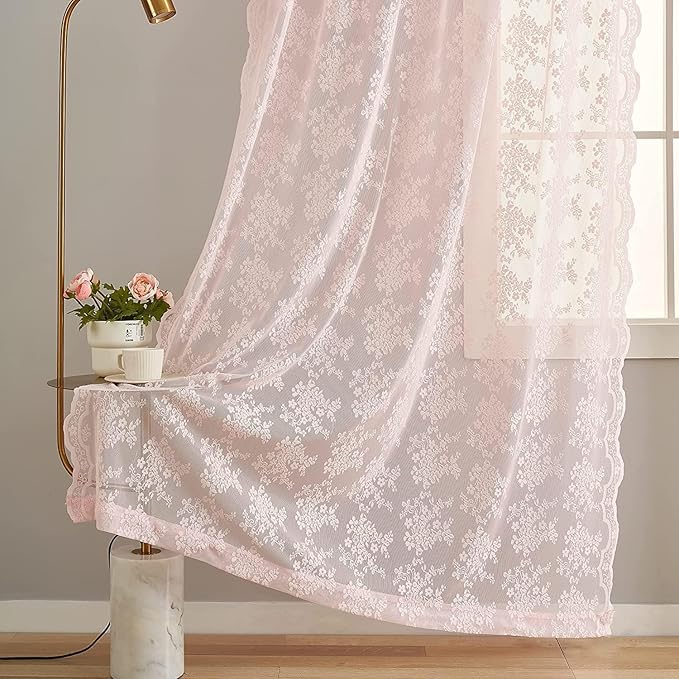 YJ YANJUN Vintage Lace Curtains 90 Inches Long-Victorian Floral Pattern Light Pink Sheer Curtain Panels for Baby Girls Room Feminine Flowy Cute Girly Classroom Princess Decor 2 Panels 52W x 90L