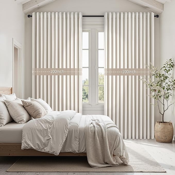 Extra Wide 100 Inch Length Blackout Curtains & Drapes 96 Inches Long 2 Panels Set for Sliding Glass Doors Modern Pleated Linen Blend Heavy Floor to Ceiling Large Window Drapes(100"Wx96"Lx 2 Birch)