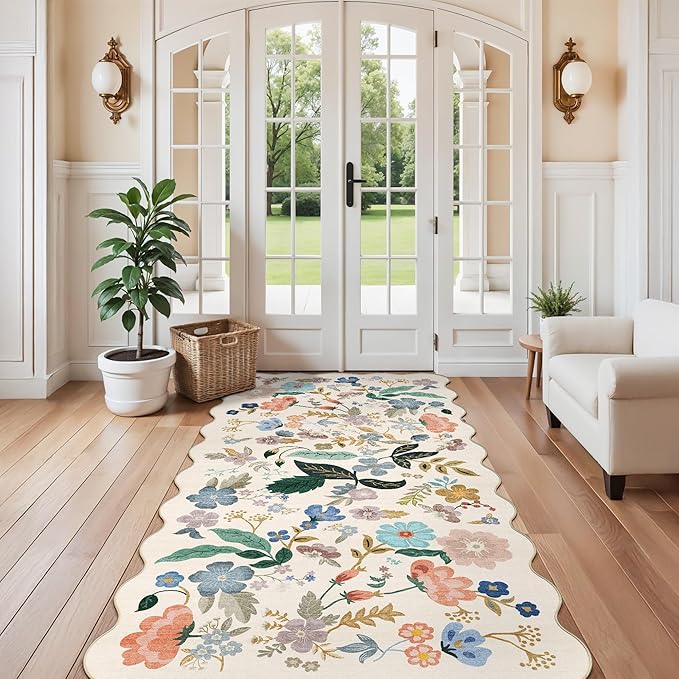 Washable 4x8 Wide Runner Rug: Hallway Entryway Non Slip Scalloped Floral Rug Farmhouse Soft Stain Resistant Carpet for Kitchen Bathroom Bedroom Low Pile Pet Friendly Floor Mat (4x8,Cream)