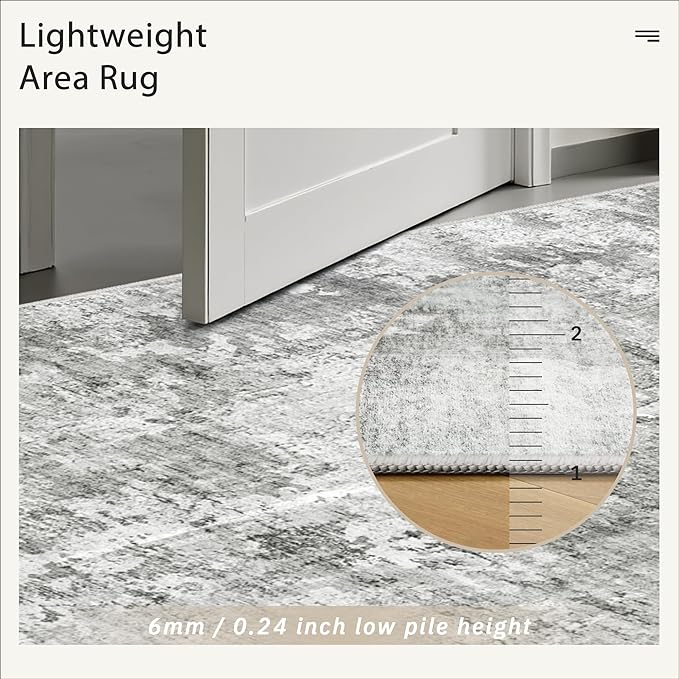 Abstract Rug 5x7 Machine Washable Area Indoor Grey White Low Pile Non-Slip Foldable Thin Accent Rugs for Bedroom Living Room Dining Room