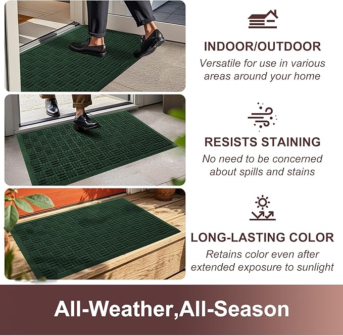 Mibao Front Door Mat Indoor Outdoor Entrance, Dirt Trapping Waterproof All-Season, All-Weather Doormat, Non-Slip Durable Natural Rubber Low Profile Easy Clean Patio Entrance Mat, 29.5" x 17", Green